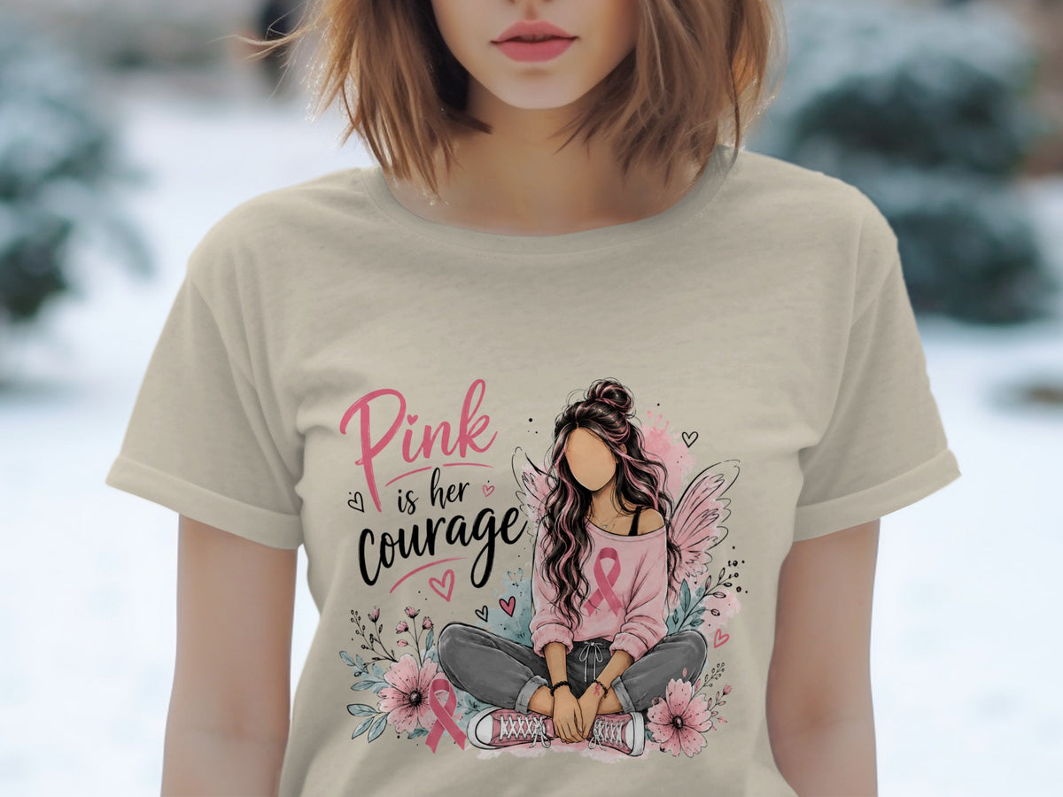 T-shirt graphic with text "Pink is her courage" and a fairy-like girl.