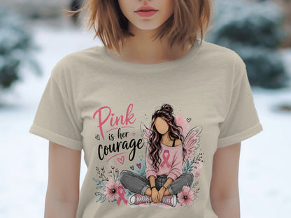 T-shirt graphic with text "Pink is her courage" and a fairy-like girl.