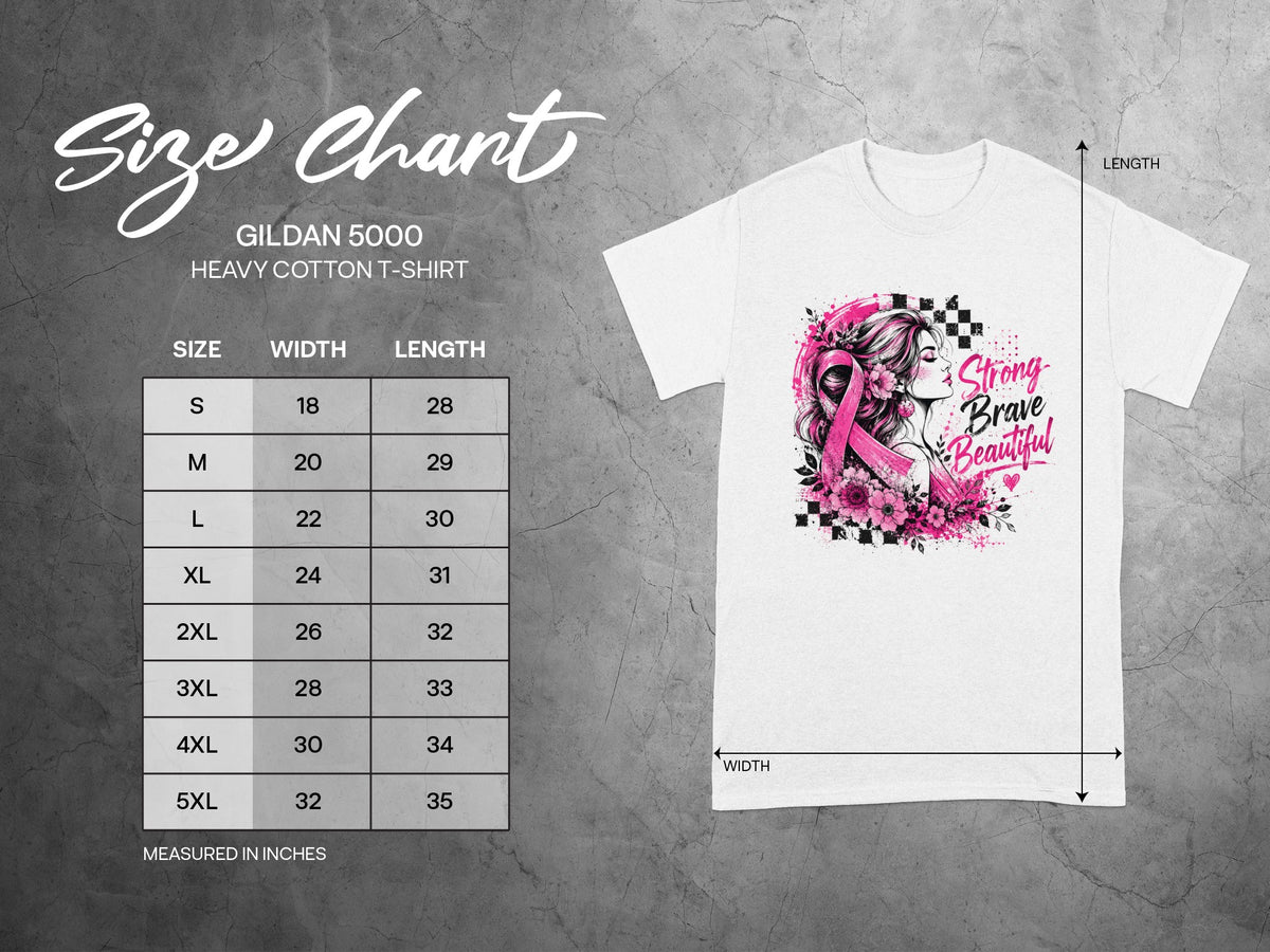 Gildan 5000 Heavy Cotton T-Shirt size chart with breast cancer ribbon graphic.