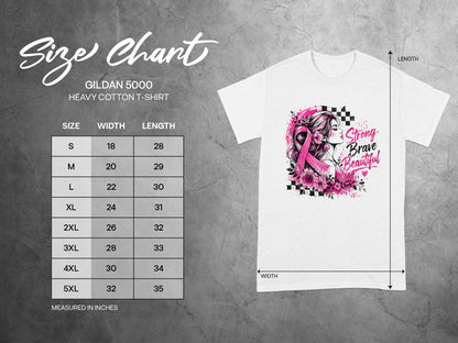 Gildan 5000 Heavy Cotton T-Shirt size chart with breast cancer ribbon graphic.