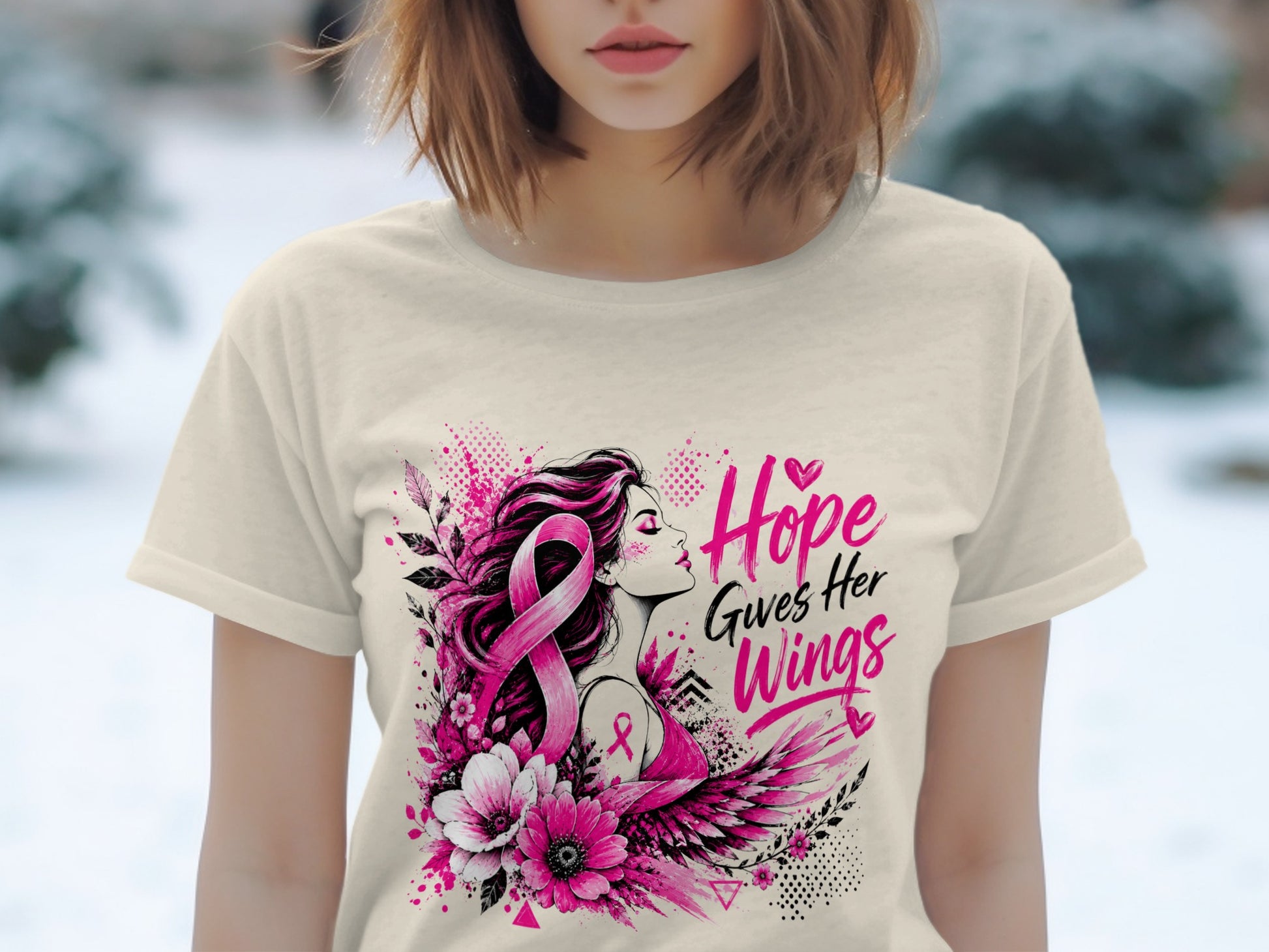T-shirt with pink ribbon art and text "Hope Gives Her Wings".