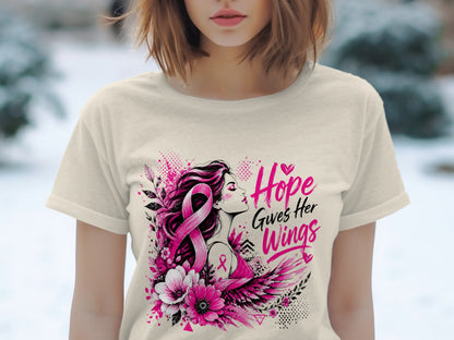 T-shirt with pink ribbon art and text "Hope Gives Her Wings".