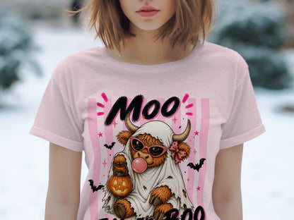 Highland cow in ghost costume with pumpkin lantern and "Moo Boo" text.