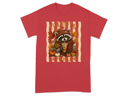 Raccoon in fall scarf and hat drinking from cup, text I IDENTIFY AS A PROBLEM.