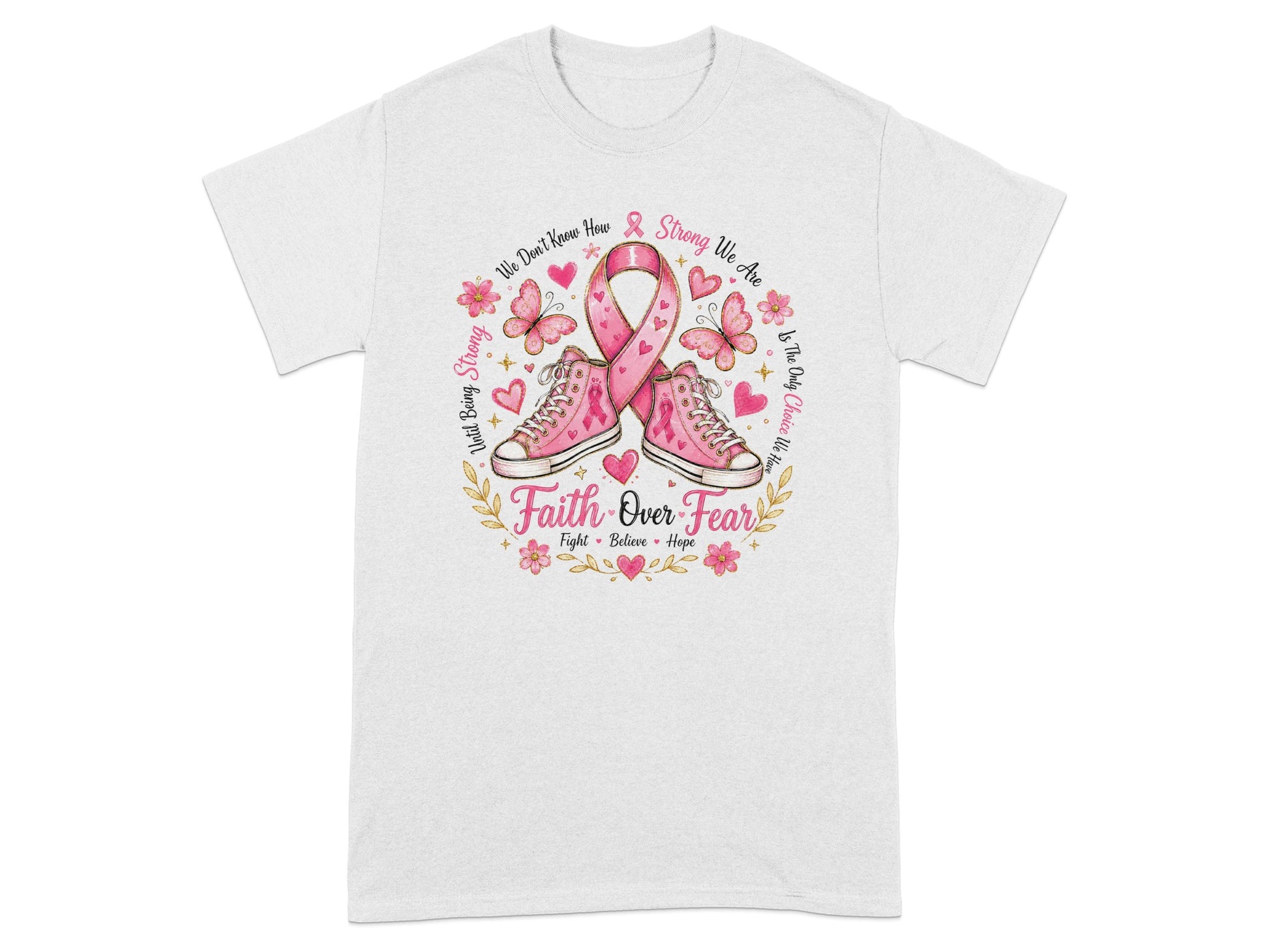 Pink sneakers and breast cancer ribbon with text "Faith Over Fear".