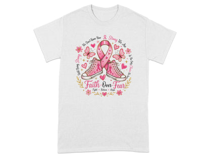 Pink sneakers and breast cancer ribbon with text "Faith Over Fear".