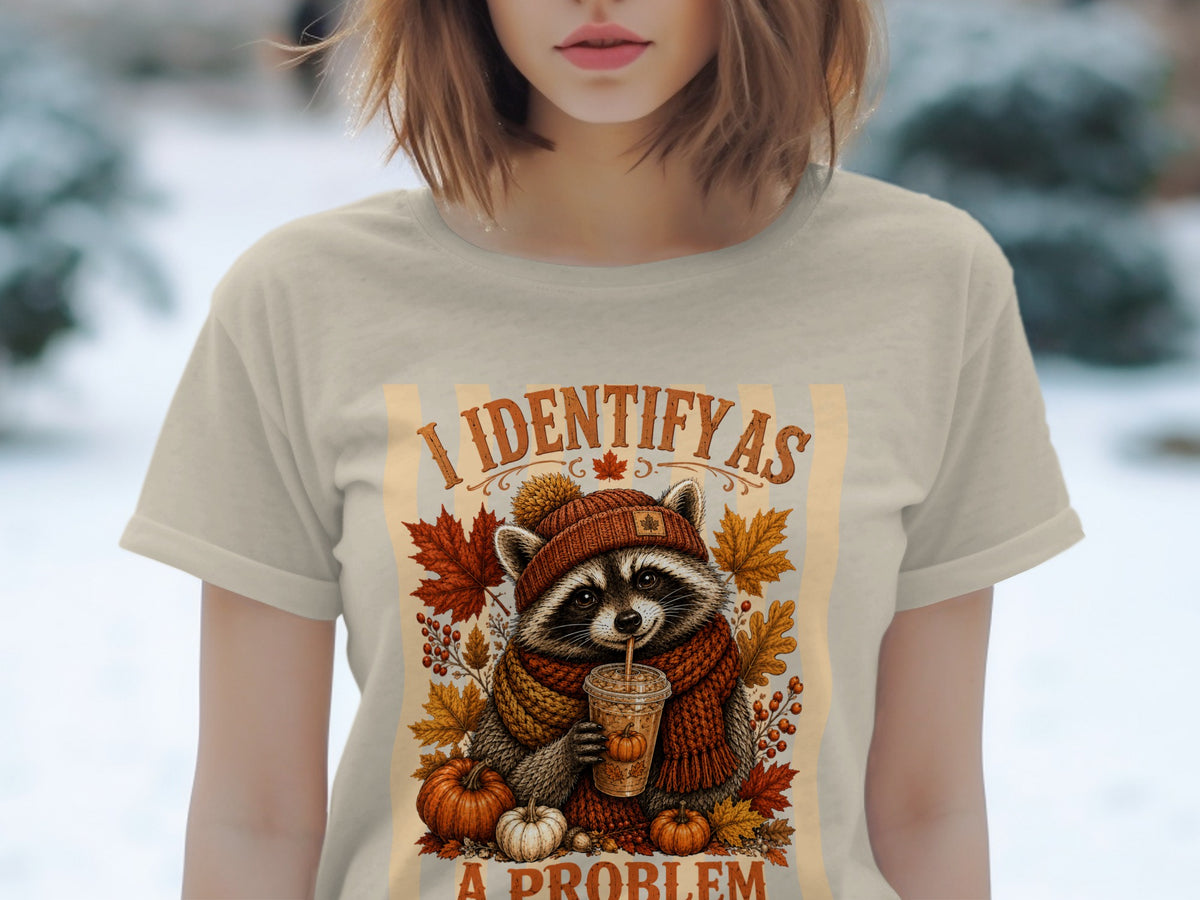 T-shirt graphic of a raccoon in a scarf and hat, drinking from a cup, with text "I IDENTIFY AS A PROBLEM".
