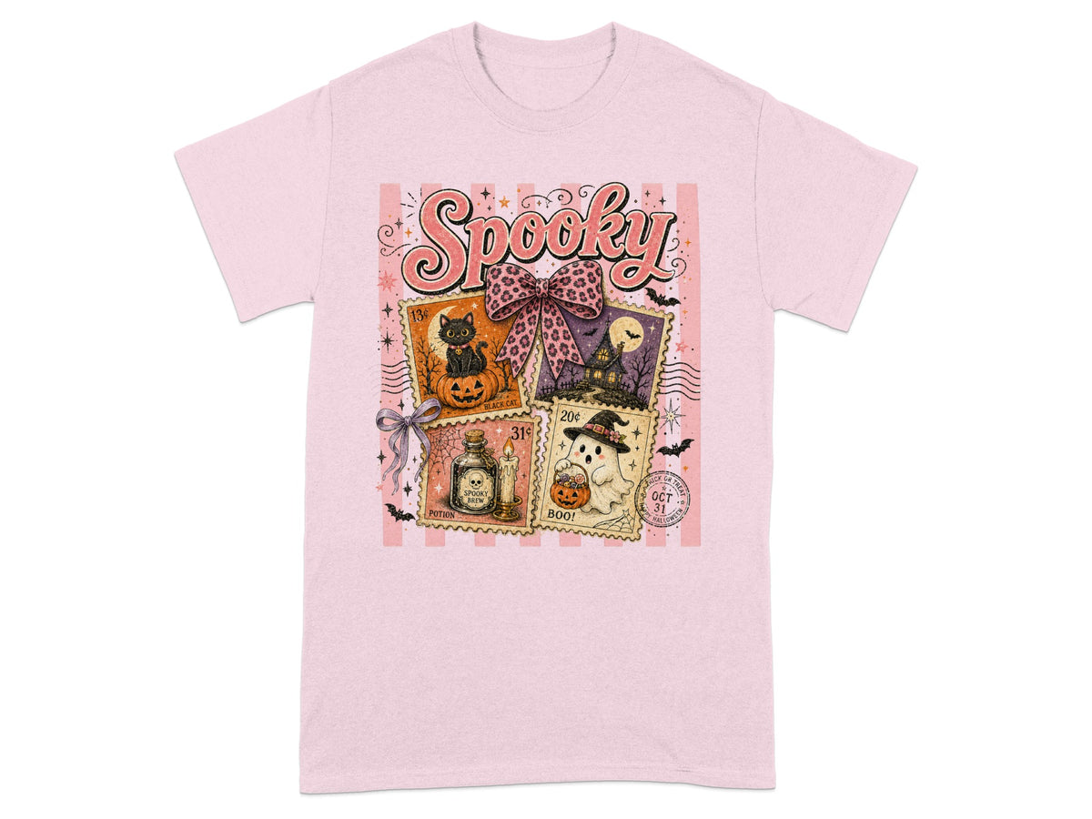 Pink t-shirt with "Spooky" text and Halloween postage stamp graphics.