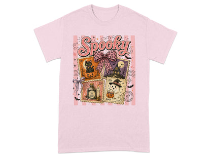 Pink t-shirt with "Spooky" text and Halloween postage stamp graphics.