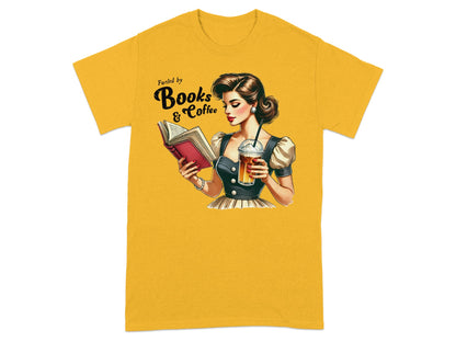 Woman reading a book and holding iced coffee, text "Fueled by Books & Coffee".