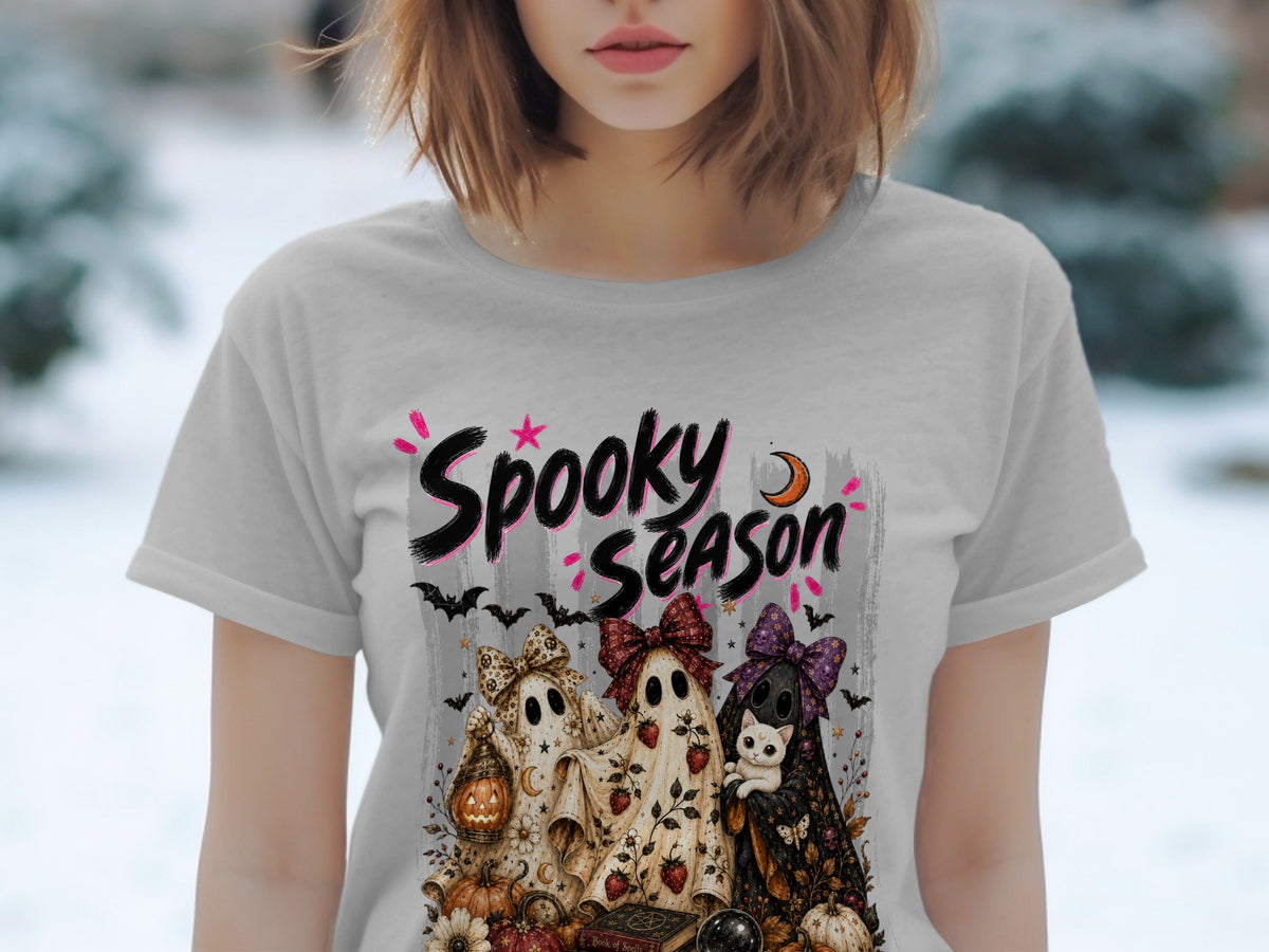 "Spooky Season" text above three ghosts, a cat, pumpkins, and Halloween decor.