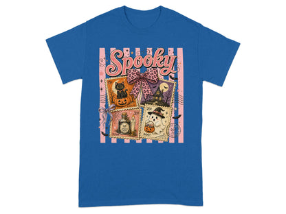 T-shirt with vintage Halloween stamps and "Spooky" text.
