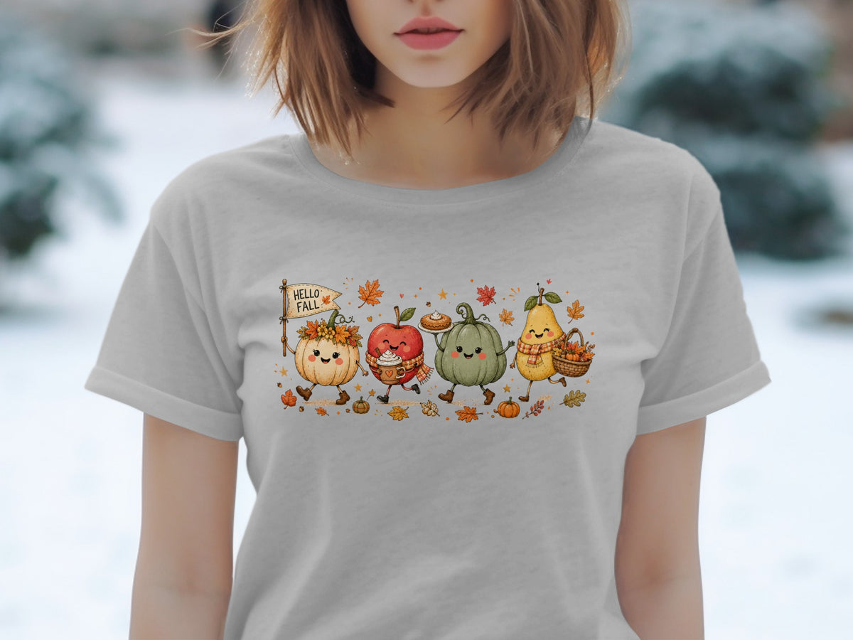 Animated fall harvest characters, including pumpkins and apple, with "Hello Fall" banner.