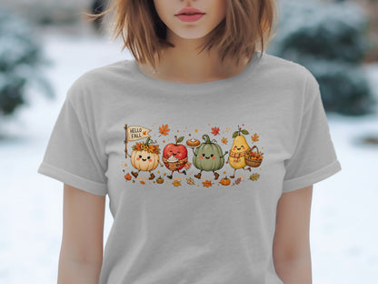 Animated fall harvest characters, including pumpkins and apple, with "Hello Fall" banner.