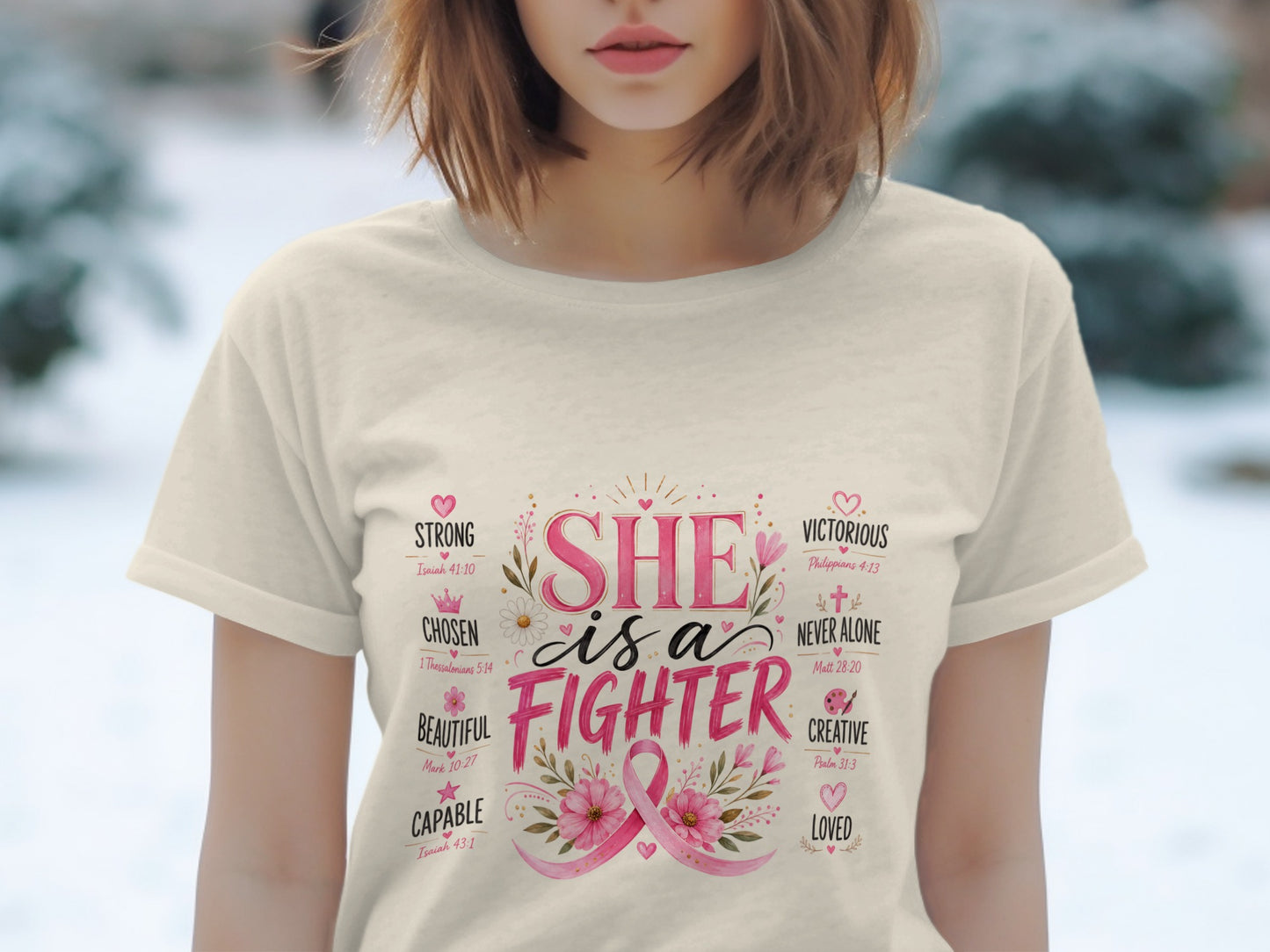 T-shirt with "SHE is a FIGHTER" text and inspirational words and scripture.