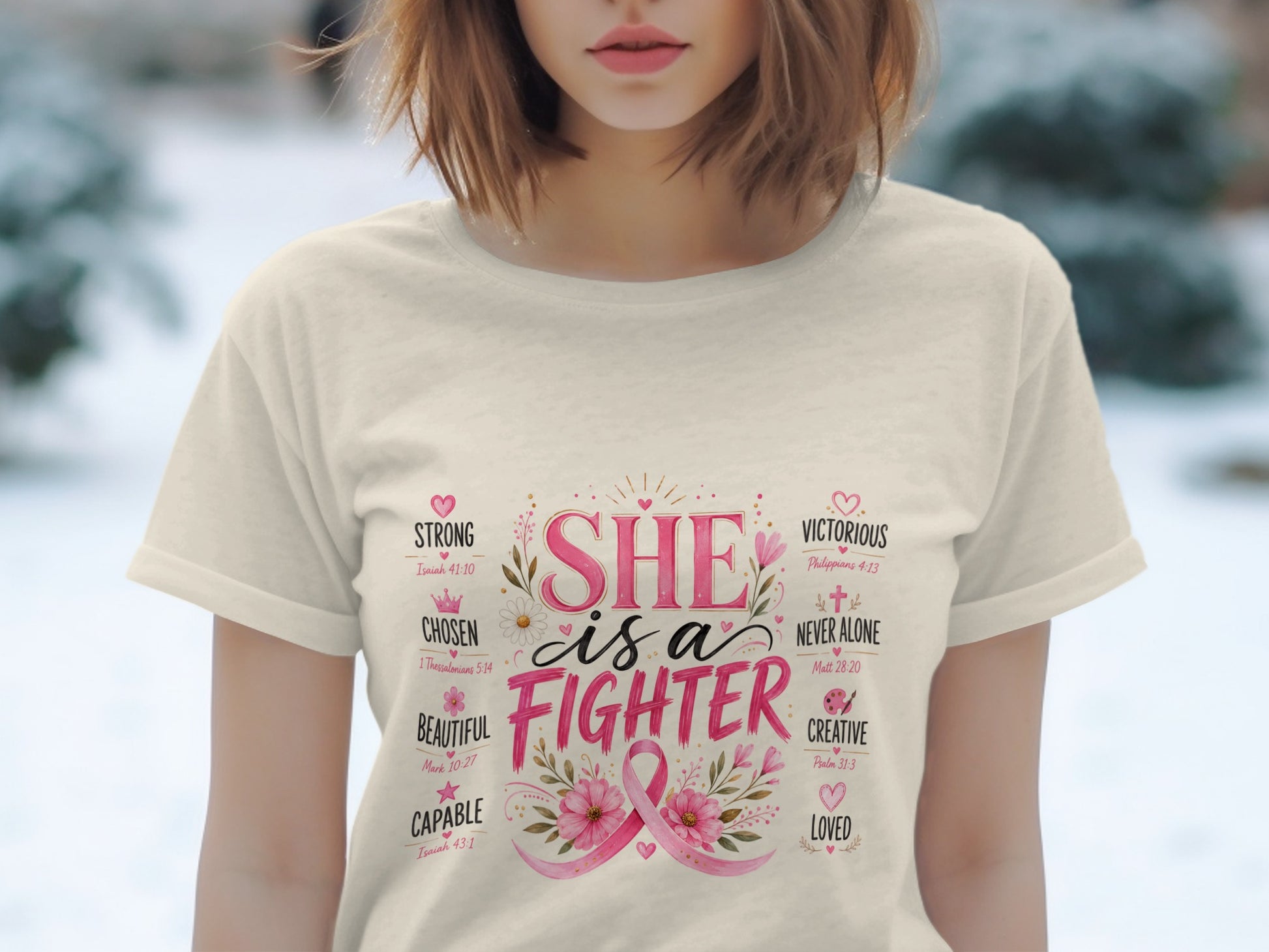 T-shirt with "SHE is a FIGHTER" text and inspirational words and scripture.