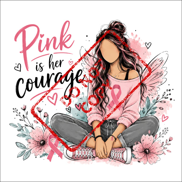 Pink is her courage text with illustration of a woman wearing a pink ribbon.