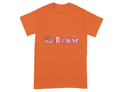 Orange t-shirt with a cartoon line-up of breast cancer awareness items.