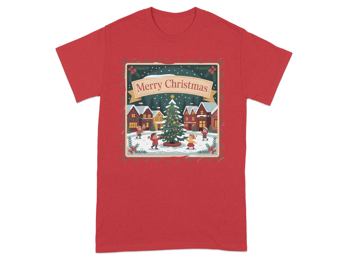Red t-shirt with a vintage postcard-style Christmas scene and "Merry Christmas" text.