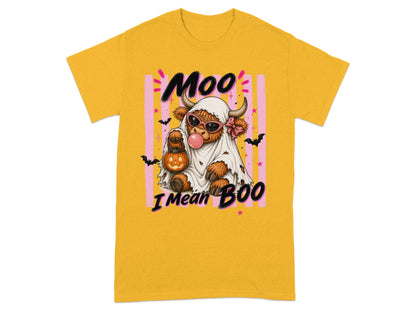 Highland cow in ghost costume with pumpkin, "Moo I Mean Boo" text.