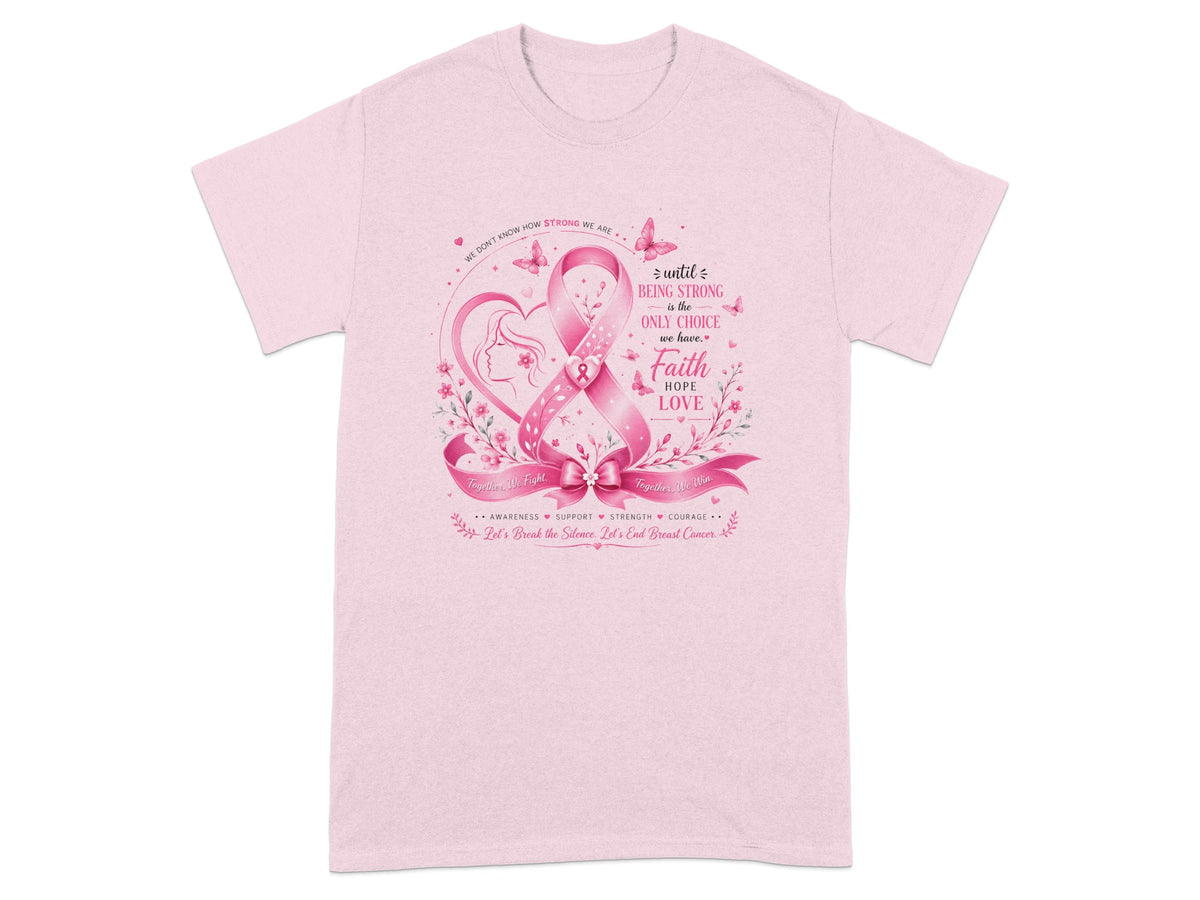 Pink t-shirt with breast cancer ribbon, woman silhouette, butterflies, and motivational text.