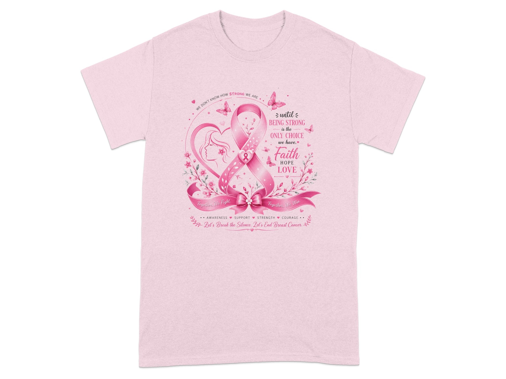 Pink t-shirt with breast cancer ribbon, woman silhouette, butterflies, and motivational text.