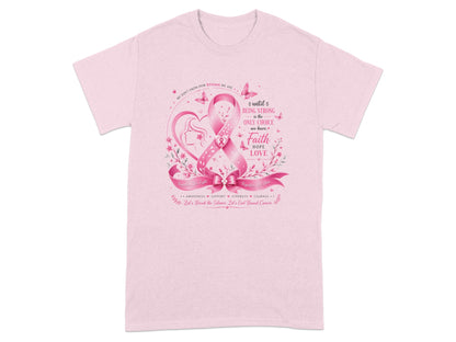 Pink t-shirt with breast cancer ribbon, woman silhouette, butterflies, and motivational text.