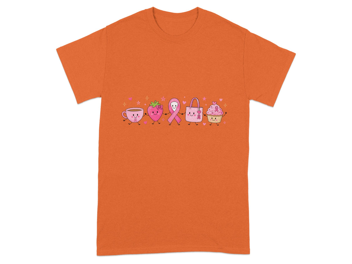 Cute cartoon pink teacup, strawberry, ribbon, bag, and cupcake with breast cancer ribbons.