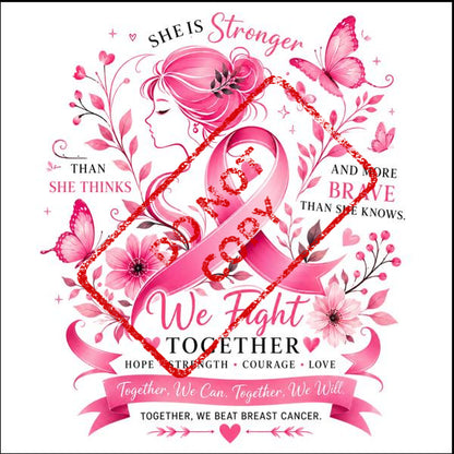 Pink breast cancer awareness graphic with text and feminine elements.