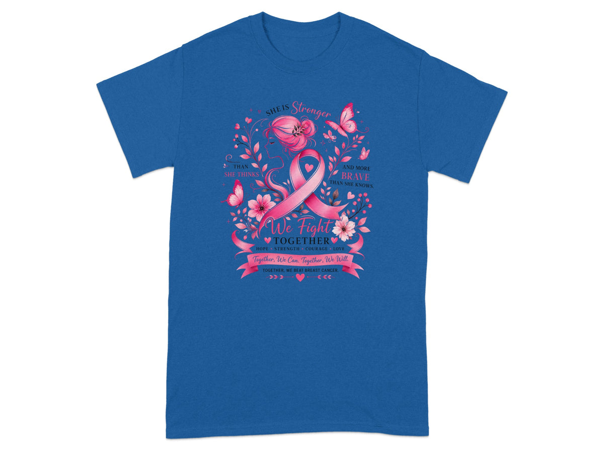 Blue t-shirt with pink breast cancer ribbon, floral design, and motivational text.