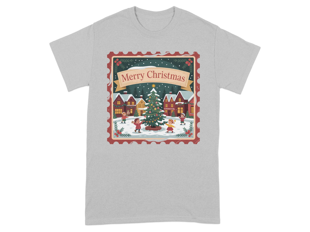 Christmas village scene with children and tree on a gray t-shirt.