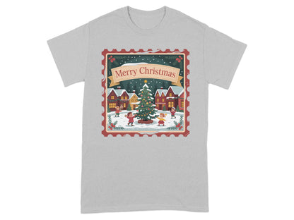 Christmas village scene with children and tree on a gray t-shirt.