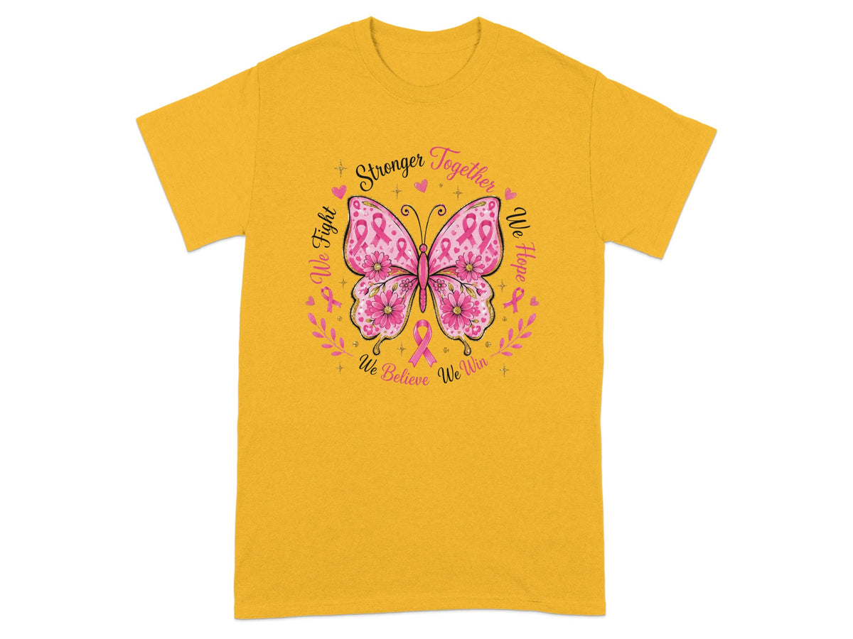 Yellow t-shirt with pink butterfly design and breast cancer awareness text.