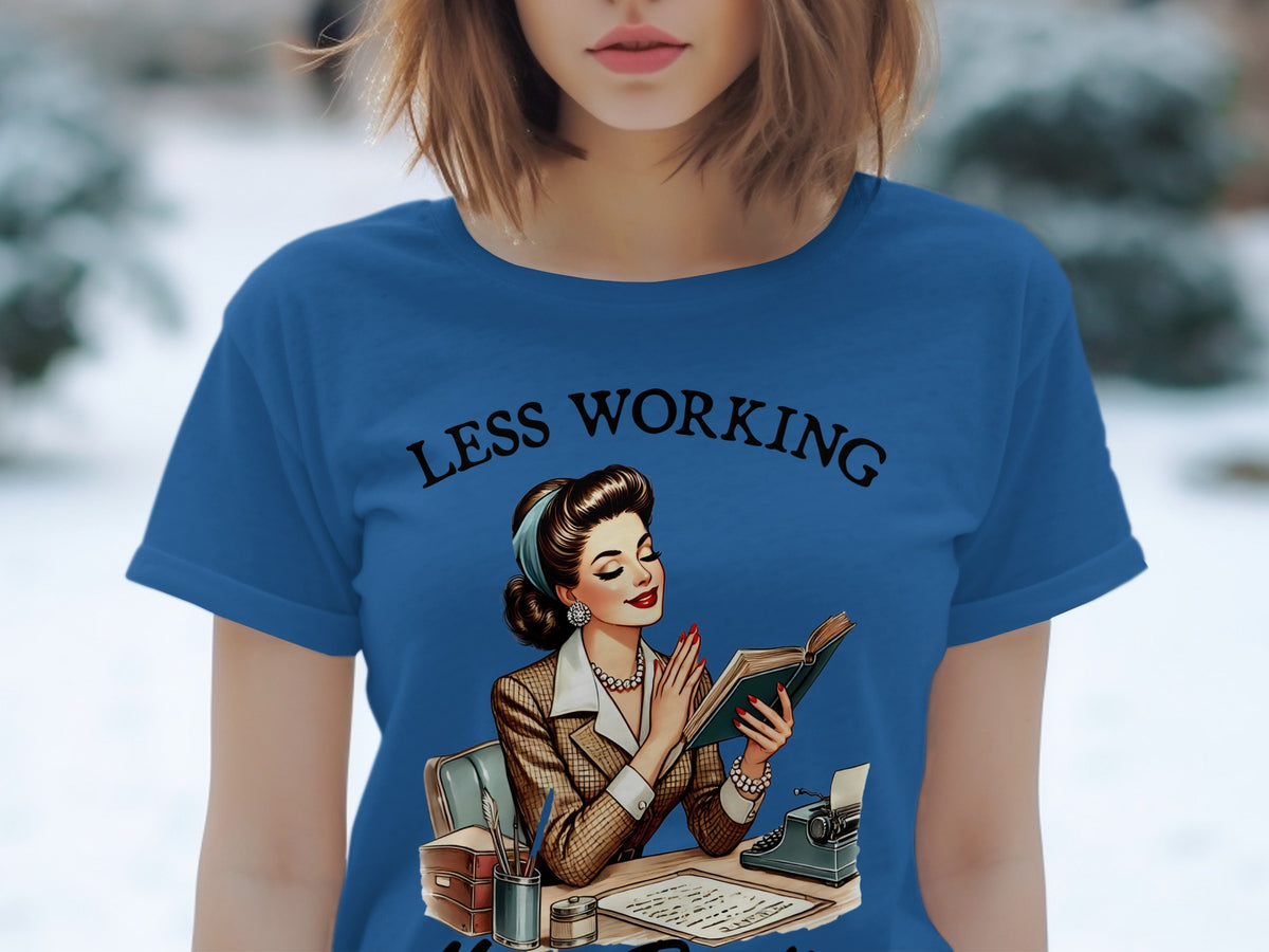 Retro woman reading a book at a desk with a typewriter, with text "LESS WORKING".