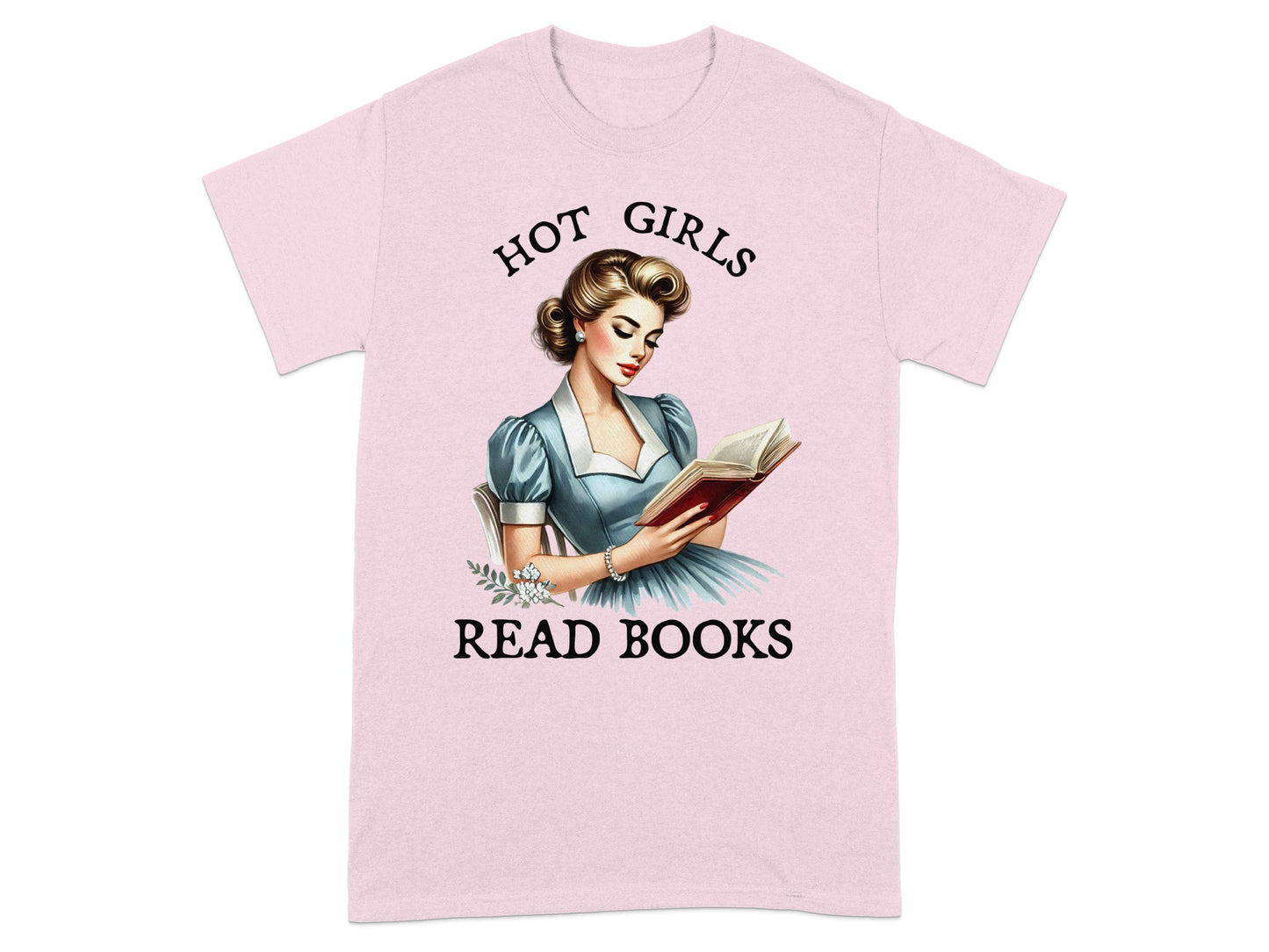 Pink t-shirt with illustration and text "Hot Girls Read Books."