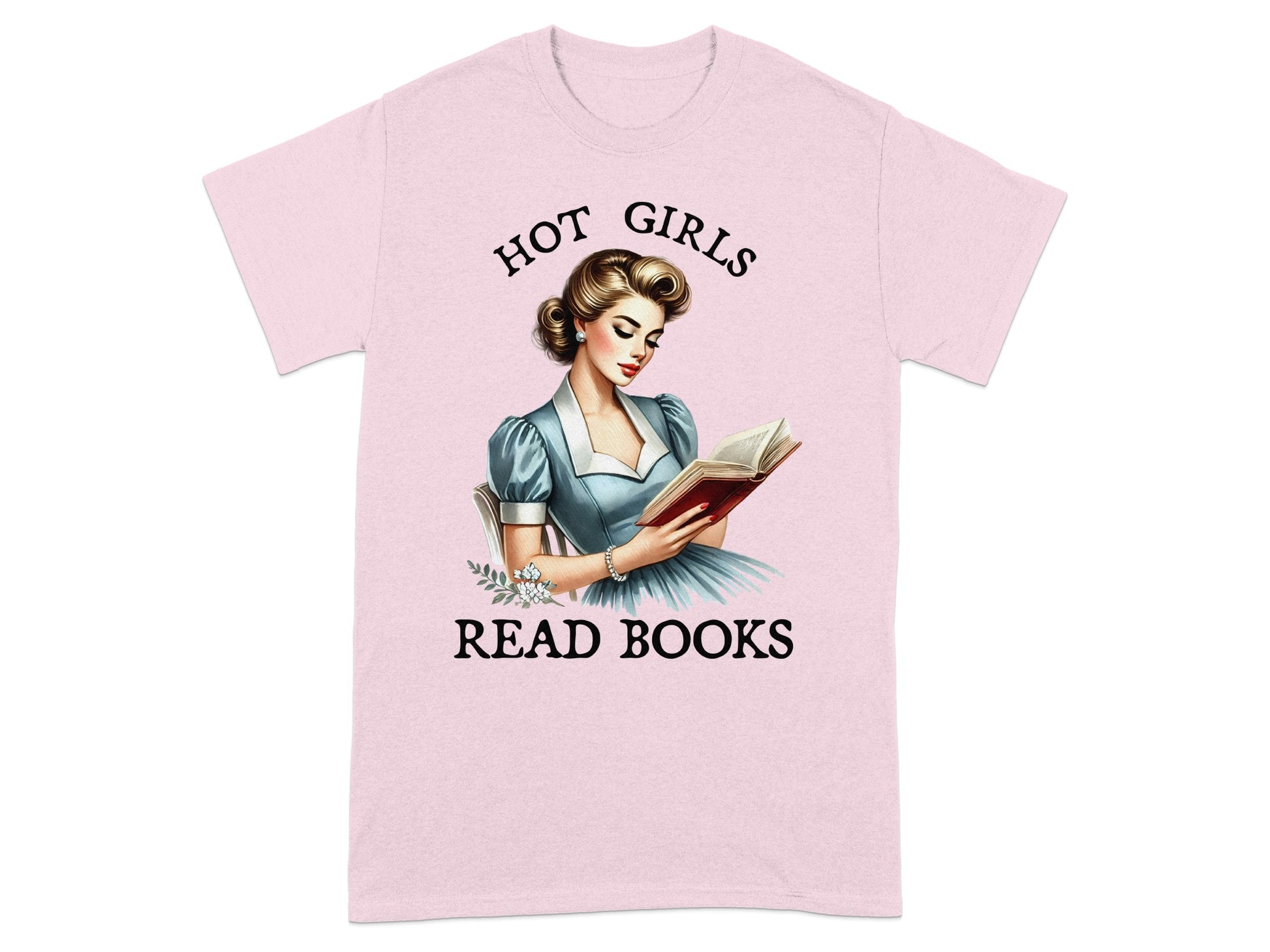 Pink t-shirt with illustration and text "Hot Girls Read Books."