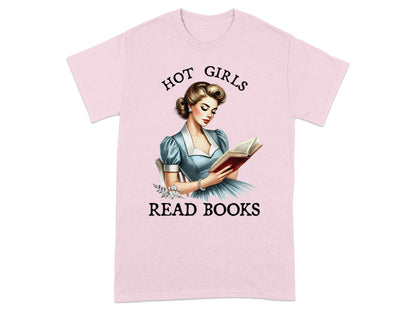 Pink t-shirt with illustration and text "Hot Girls Read Books."