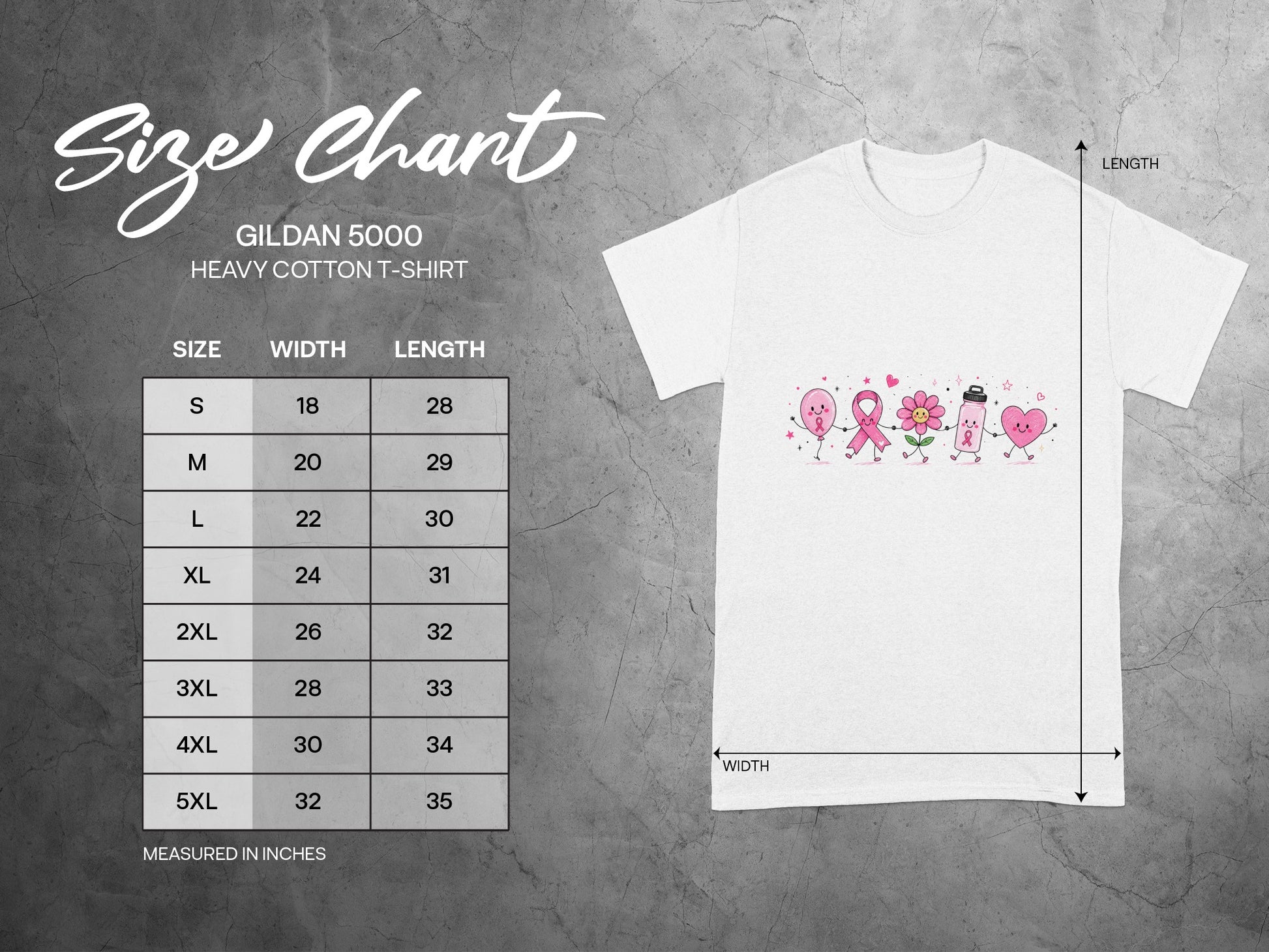 Gildan 5000 Heavy Cotton T-Shirt size chart with width and length measurements in inches.