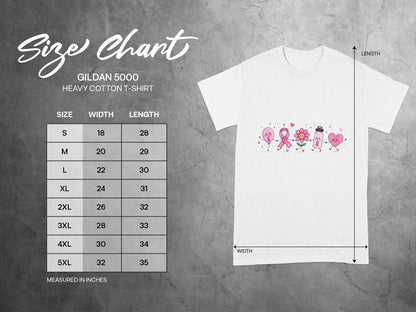 Gildan 5000 Heavy Cotton T-Shirt size chart with width and length measurements in inches.