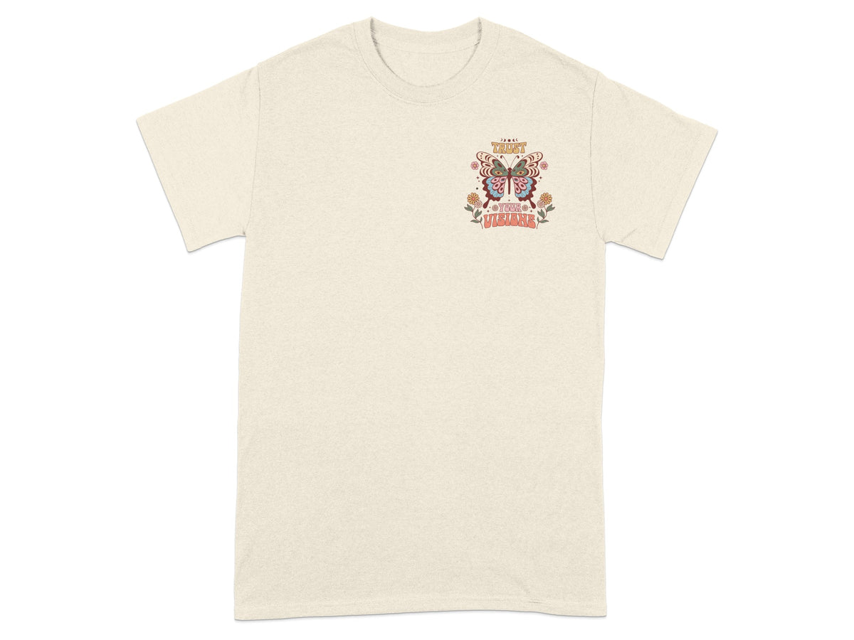 Cream t-shirt with a retro butterfly graphic and text reading "Trust Your Visions".