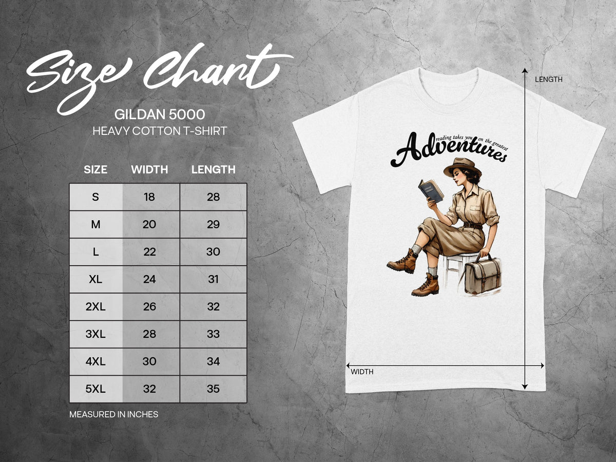 Gildan 5000 Heavy Cotton t-shirt size chart with measurements in inches.