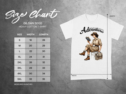 Gildan 5000 Heavy Cotton t-shirt size chart with measurements in inches.