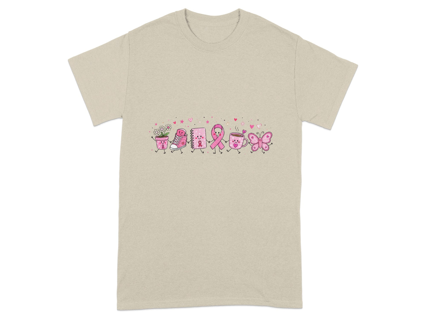 T-shirt with a line of cartoon breast cancer awareness symbols with pink hearts.