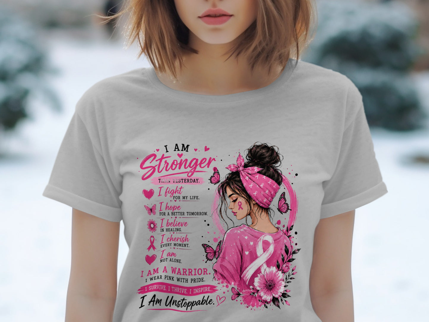 "I Am Stronger Than Yesterday" text with a woman, butterflies, flowers, and breast cancer ribbon.