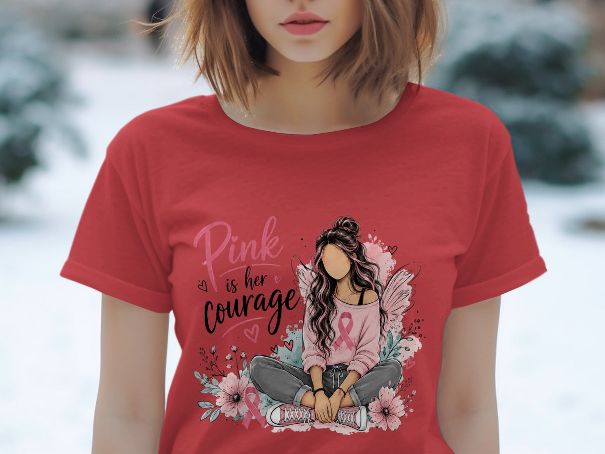 Red t-shirt with "Pink is her courage" and fairy illustration.