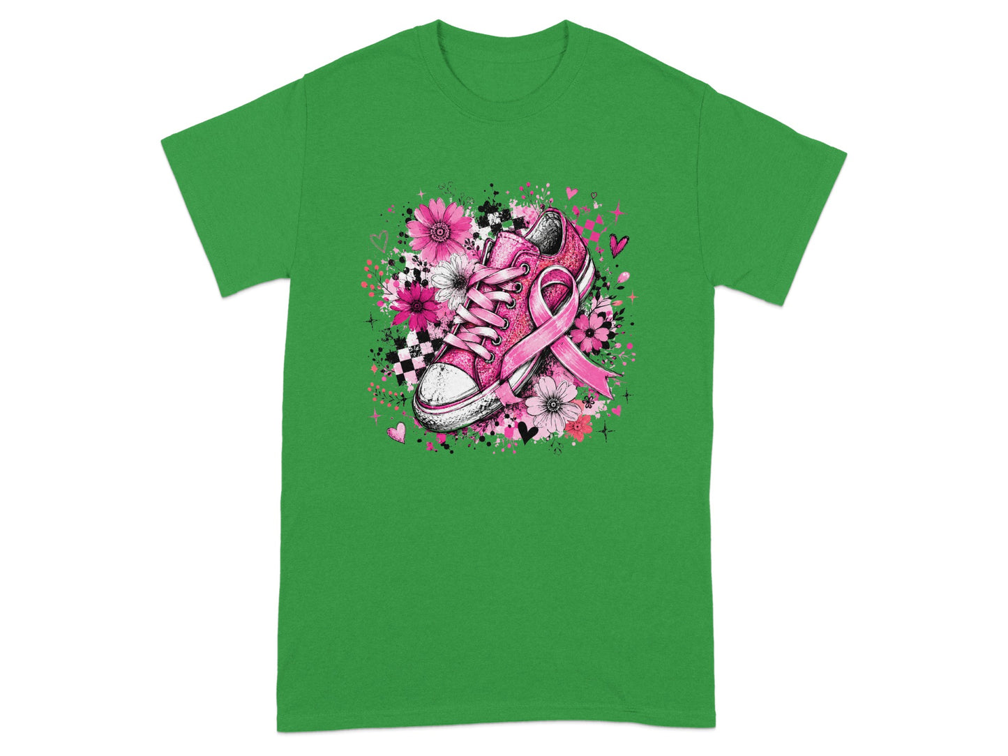 Pink sneaker with breast cancer ribbon and floral design on green t-shirt.