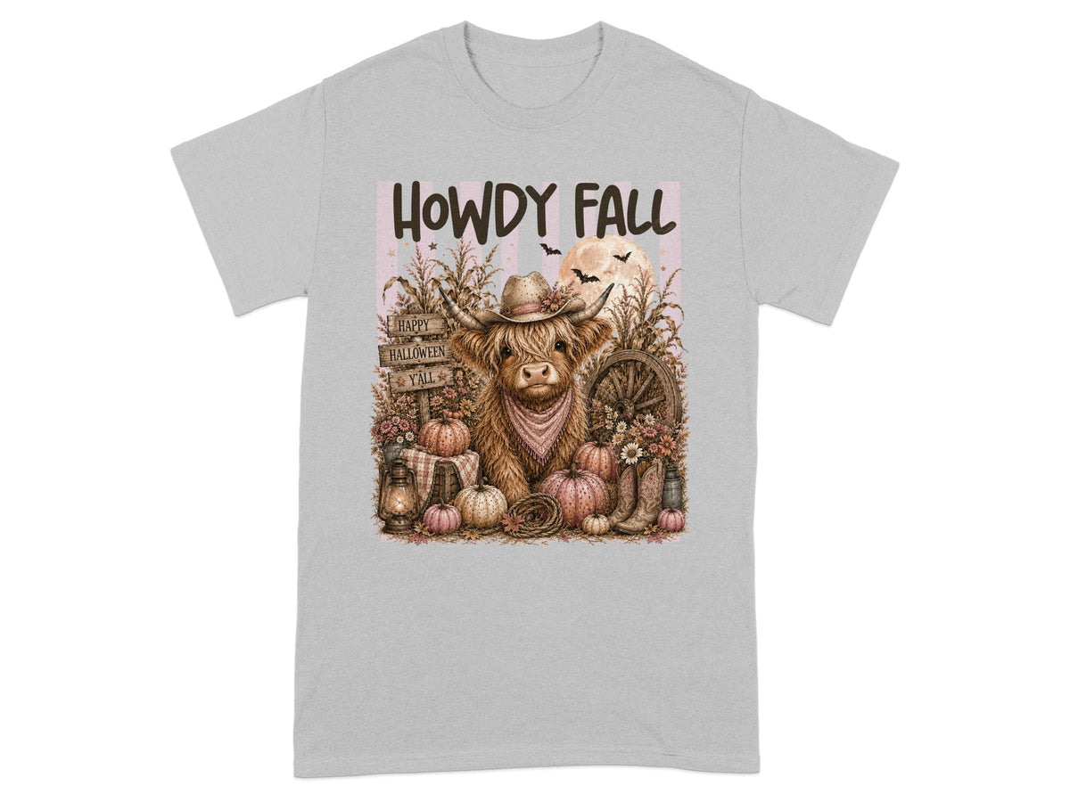Highland cow in hat with "Howdy Fall" text and Halloween decorations.