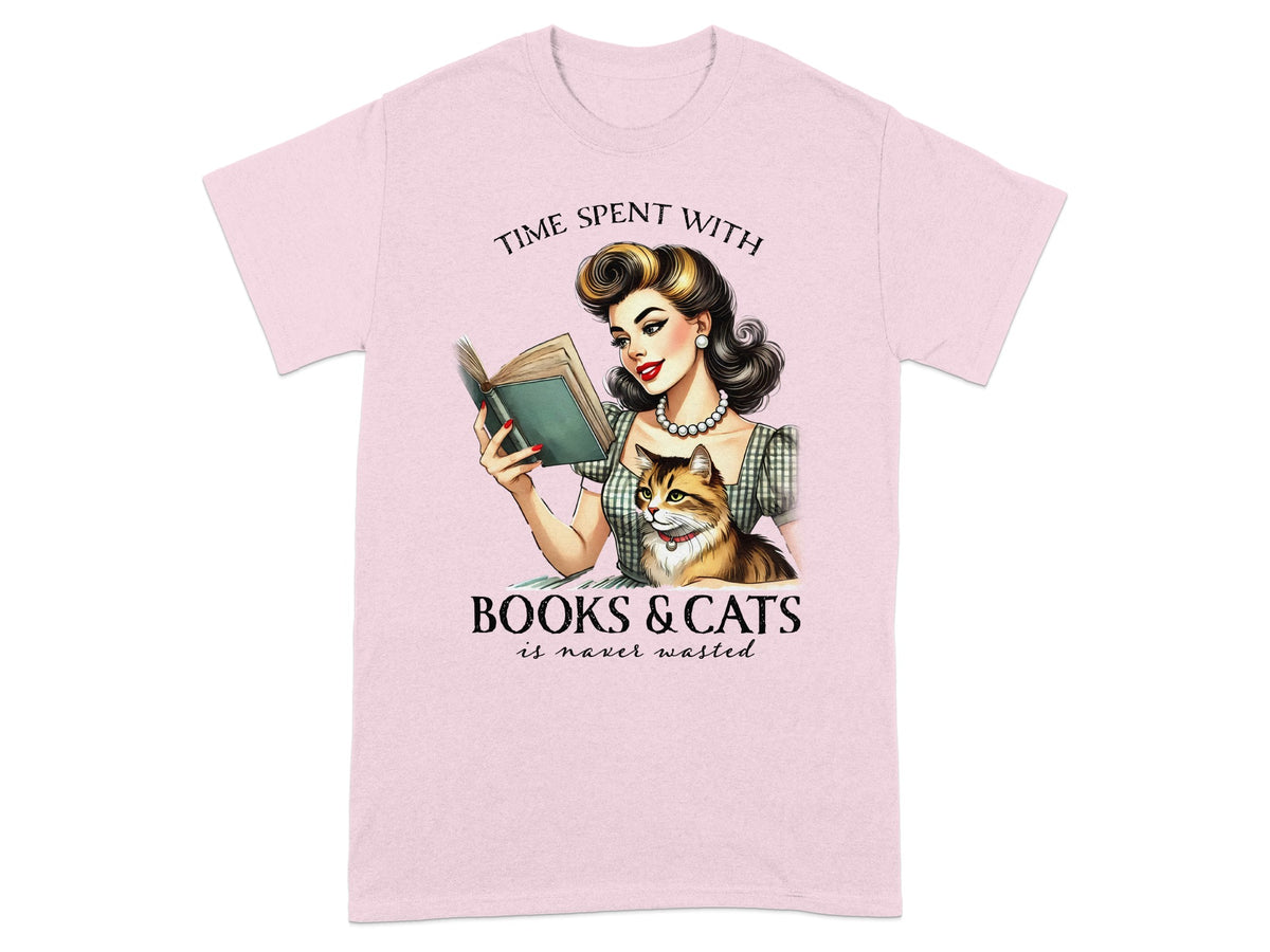 Illustration of a woman reading with a cat, text reads "Time spent with books & cats is never wasted."