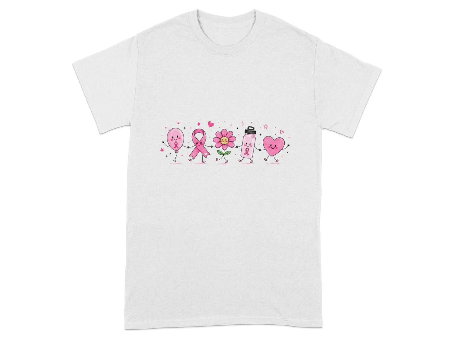 Pink balloon, ribbon, flower, water bottle, and heart characters holding hands.