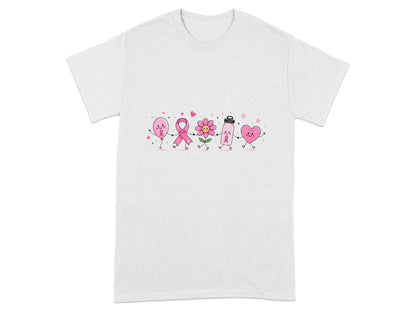 Pink balloon, ribbon, flower, water bottle, and heart characters holding hands.